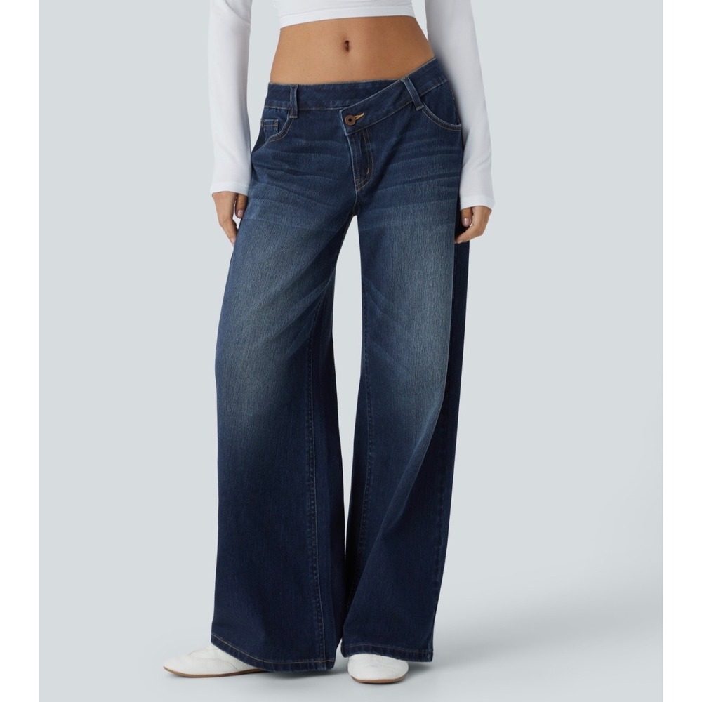 Halara Flex Asymmetric Low Rise Zipper Pockets Baggy Wide Leg Washed Jeans S NWT